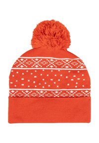 Heldere oranje gebreide muts met een decoratief wit patroon, voorzien van een pompon bovenop en een omgeslagen rand aan de onderkant.