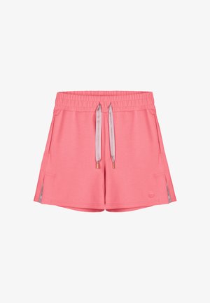 Różowe szorty z elastycznym paskiem w talii, bocznymi kieszeniami, sznurkiem ze srebrnymi końcówkami, bocznymi rozcięciami oraz małą naszywką z logo przy krawędzi.