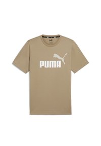 Beige cotton t-shirt with short sleeves, featuring a prominent white "PUMA" logo and a leaping puma graphic on the front.
