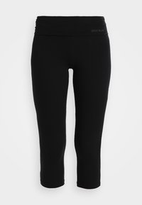 Leggings capri noirs en tissu extensible, avec une large ceinture ornée d'un logo discret. Texture lisse, coupe ajustée.