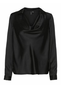 Chemise en satin noir à manches longues, avec un col en V drapé et un col classique. Présente des poignets boutonnés et une texture lisse.