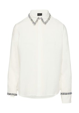 White long-sleeve shirt featuring a decorative blue and silver embellished collar and cuffs, with a soft, textured fabric.