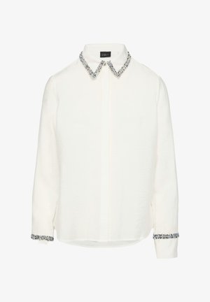 White long-sleeve shirt featuring a decorative blue and silver embellished collar and cuffs, with a soft, textured fabric.