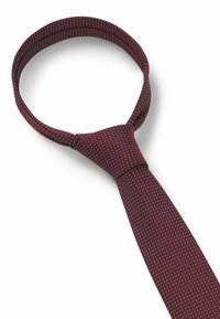 Burgundy tie with a dotted pattern, made of smooth fabric. Features a wide end and a narrow end with a traditional knot for secure wear.