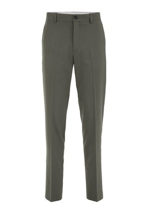 Pantaloni eleganti verde oliva slim fit con chiusura con bottone e zip, passanti per cintura e tasche laterali, presentati su sfondo bianco.