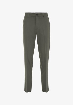 Slim fit szabású olívazöld alkalmi nadrág gombos és cipzáras záródással, övhurkokkal és oldalzsebekkel, fehér háttér előtt bemutatva.