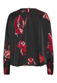 Blusa nera con maniche lunghe e stampa floreale rossa, con retro plissettato e polsini bottonati.