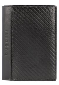 Black wallet made of textured carbon fiber material with a smooth leather accent. Features embossed logo on the side. Rectangular shape.