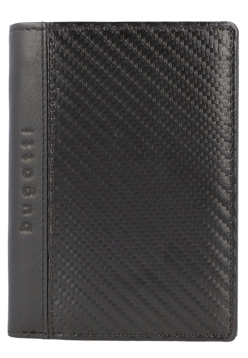 Black wallet made of textured carbon fiber material with a smooth leather accent. Features embossed logo on the side. Rectangular shape.
