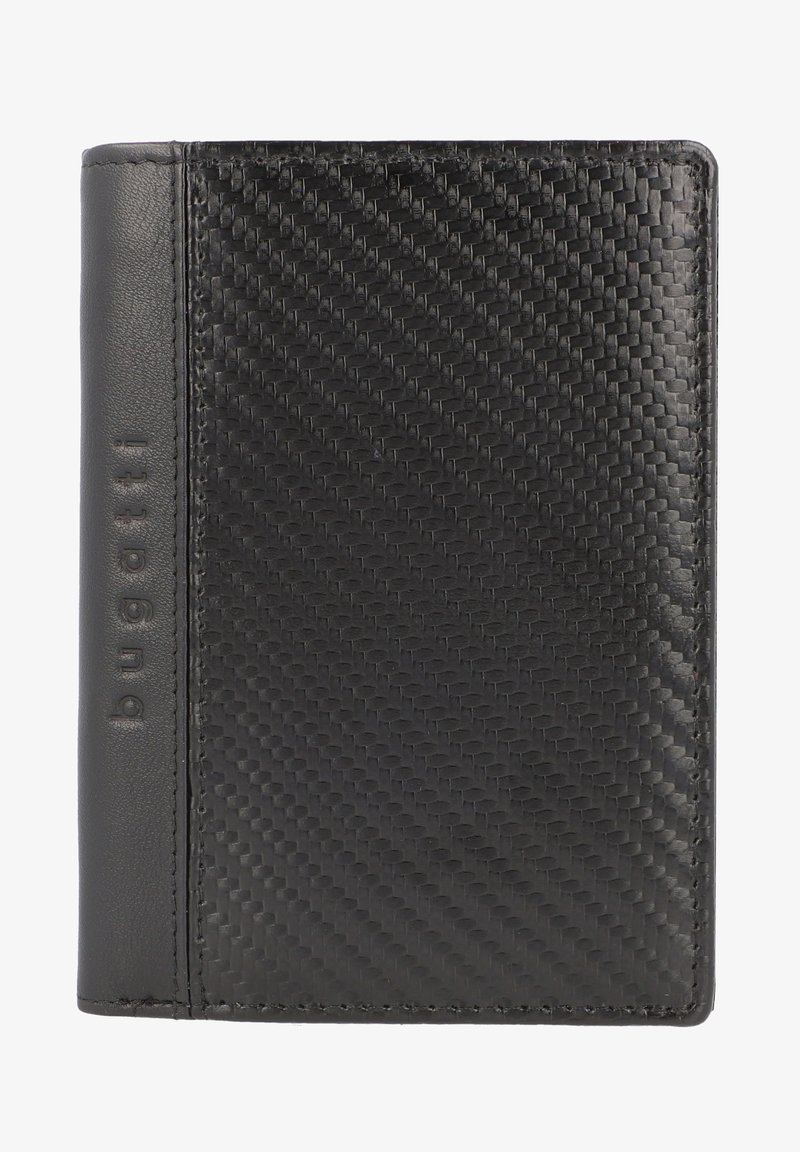 Schwarze Geldbörse aus strukturiertem Carbonfaser-Material mit einem glatten Lederakzent. Verfügt über ein eingeprägtes Logo an der Seite. Rechteckige Form.