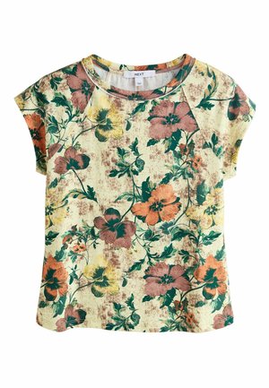 Kurzärmlige Bluse mit mehrfarbigem Blumenmuster, das orange, gelbe und rosa Blumen mit grünen Blättern auf beigem Hintergrund zeigt.