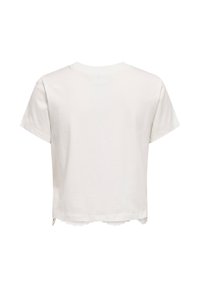 T-shirt blanc court à manches courtes avec encolure ronde et bordure en dentelle visible sur l'ourlet inférieur, vu de dos.