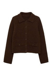 Bruine gebreide cardigan met een kraag, knoopsluiting en een gestructureerd patroon. Voorzien van ribgebreide manchetten en twee frontzakken.