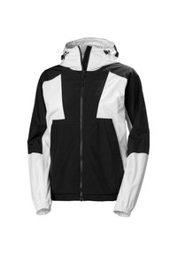 Zwart-witte windbreakerjas met een ritssluiting aan de voorkant, elastische manchetten en twee voorklassen; voorzien van een capuchon en een kleurblokontwerp.