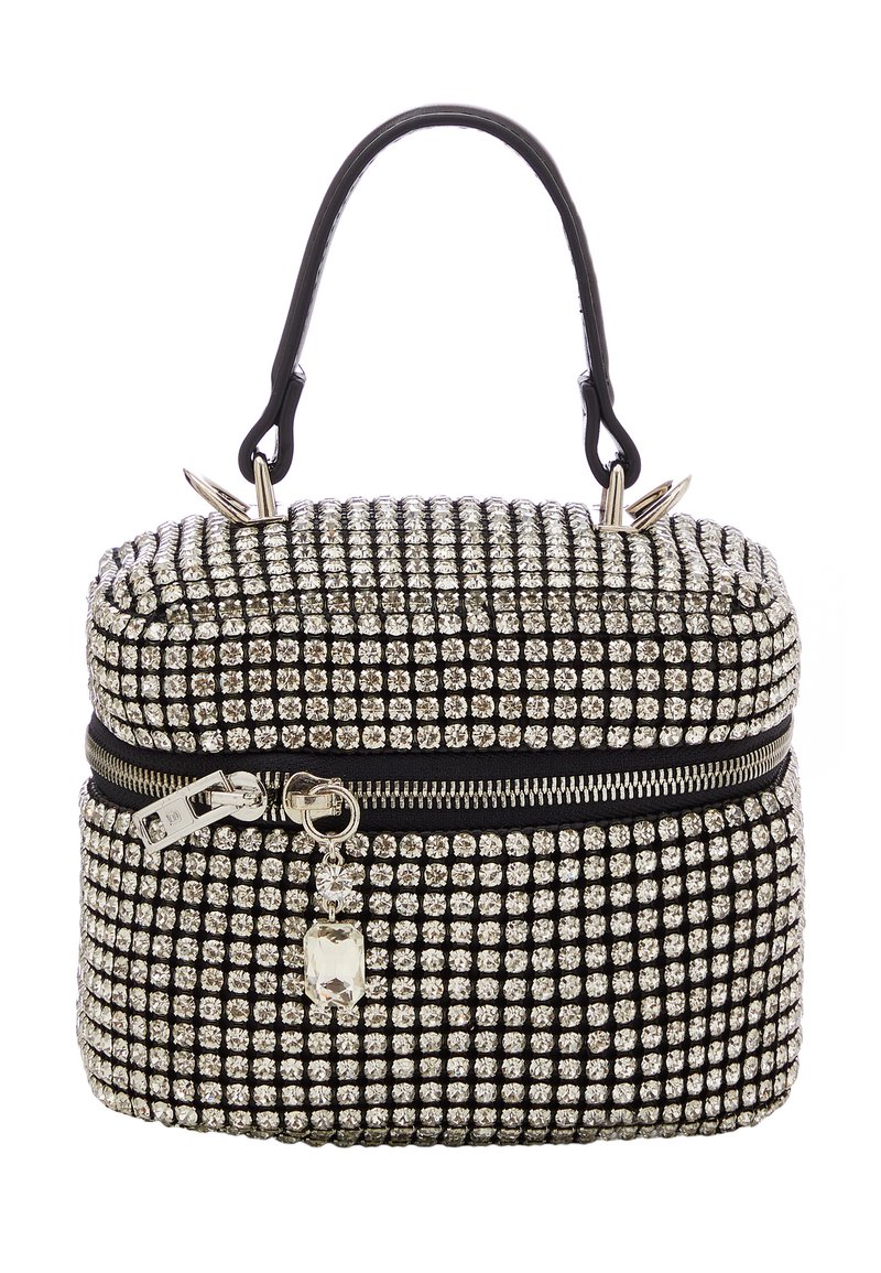 Borsa a tracolla in tessuto nero decorata con strass argentati, forma quadrata, manico superiore, chiusura con zip e charm decorativo sulla zip.