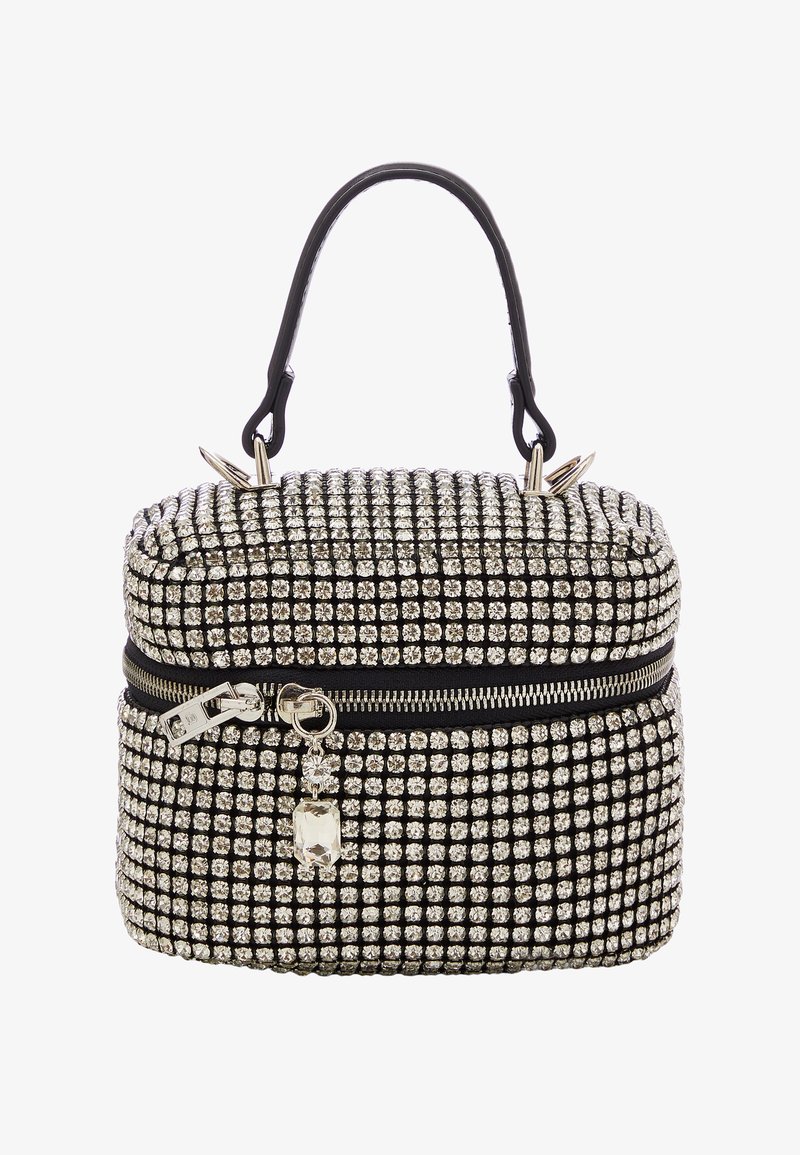 Borsa a tracolla in tessuto nero decorata con strass argentati, forma quadrata, manico superiore, chiusura con zip e charm decorativo sulla zip.