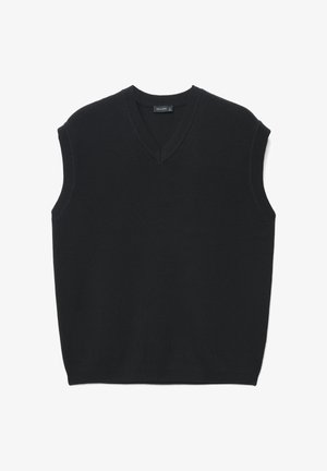 Schwarzer ärmelloser Pullover mit V-Ausschnitt, gefertigt aus einem gerippten Strickmaterial, mit strukturierten Akzenten entlang des Halsausschnitts und der Armlöcher.