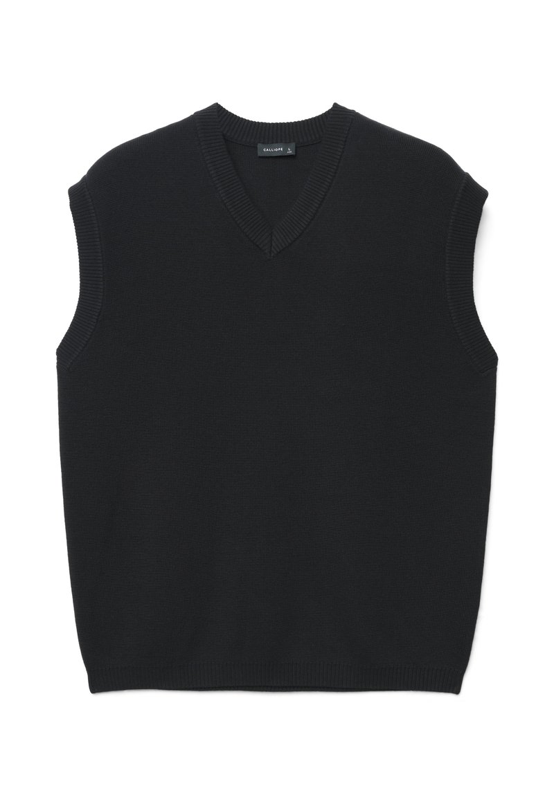 Schwarzer ärmelloser Pullover mit V-Ausschnitt, gefertigt aus einem gerippten Strickmaterial, mit strukturierten Akzenten entlang des Halsausschnitts und der Armlöcher.