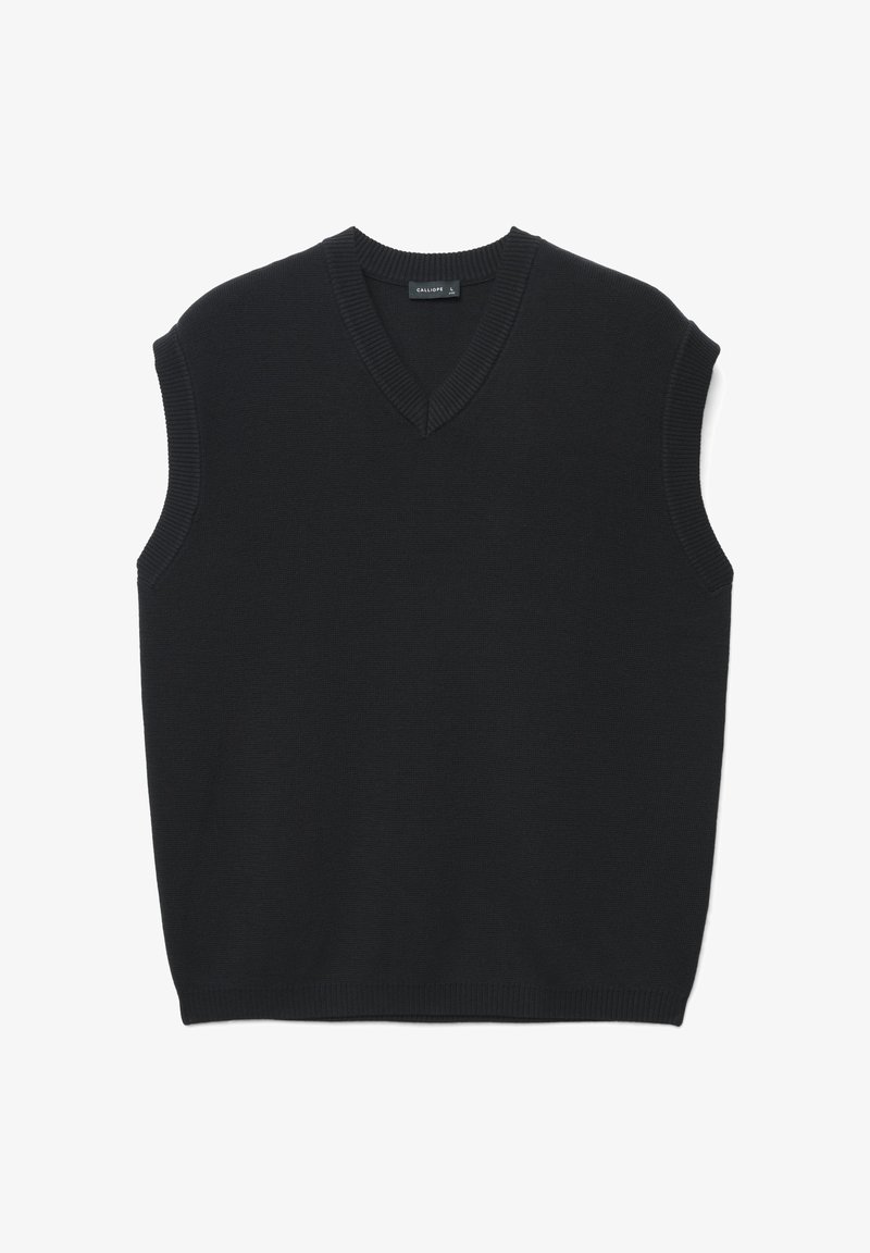 Schwarzer ärmelloser Pullover mit V-Ausschnitt, gefertigt aus einem gerippten Strickmaterial, mit strukturierten Akzenten entlang des Halsausschnitts und der Armlöcher.