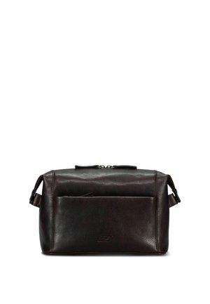 Beauty case in pelle marrone scuro con tasca frontale, cerniera superiore e manici laterali, esposto su sfondo bianco.