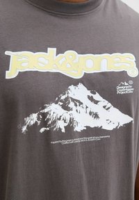 Siva bombažna majica s kratkimi rokavi, na kateri je velik bel gorski motiv in rumen napis "jack&amp;jones". Spodaj je napis, ki opisuje navdih iz narave.