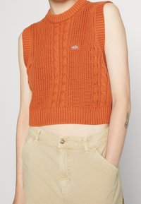 Orange knitted crop top with ribbed neckline, cable knit pattern, and logo patch. Paired with beige high-waisted trousers.