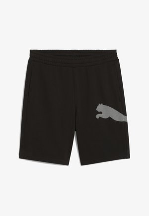 Czarne sportowe szorty z elastycznym pasem i bocznymi kieszeniami, z białym kropkowanym logo pumy na prawej nodze.