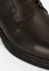 Brauner Lederschuh mit glatter Oberfläche, runder Zehenpartie, dekorativen Nähten und dunkelbraunen Schnürsenkeln vor einem weißen Hintergrund.