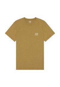 Braunes Baumwoll-T-Shirt mit Rundhalsausschnitt, kurzen Ärmeln und einem kleinen weißen Logo auf der linken Brust. Glatte Textur, minimalistisches Design.