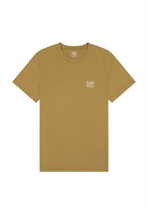 Brown cotton t-shirt with a crew neck, short sleeves, and a small white logo on the left chest. Smooth texture, minimalistic design.