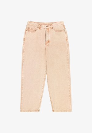 Beige, rechte spijkerbroek met hoge taille, knoop- en ritssluiting, voor- en achterzakken en riemlussen.