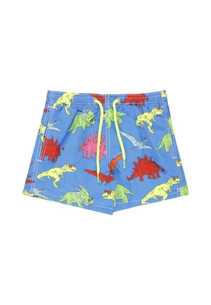 Costume da bagno blu per bambini con coulisse gialla, con dinosauri dei cartoni animati colorati in rosso, verde, giallo, rosa e blu.
