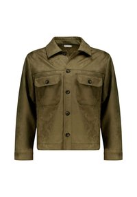 Veste en suédine vert olive, avec un col, des boutons à l'avant et deux poches poitrine. Manches longues avec poignets boutonnés.