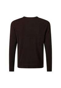 Dunkelbrauner Pullover mit langen Ärmeln und Rundhalsausschnitt. Weiche Textur, gerippte Bündchen und Saum sowie ein einfaches, sauberes Design ohne Verzierungen.