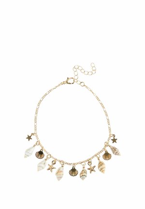 Armband aus goldfarbenem Metall mit Muschel- und Seestern-Anhängern in verschiedenen Größen und Mustern, mit Karabinerverschluss und verstellbarer Länge.
