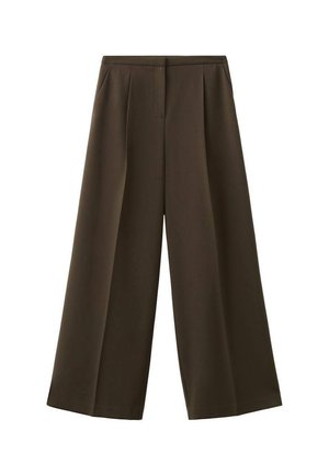 Szerokie spodnie z ciemnobrązowej tkaniny, z przodu fałdami i gładką teksturą. Bez widocznych kieszeni ani zdobień.