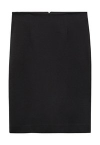 Jupe crayon noire en tissu lisse. Elle possède une fermeture éclair au dos et est longue jusqu'au genou avec des détails de couture minimes, offrant un design épuré.