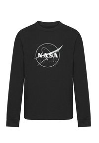 Crna majica dugih rukava od pamuka. Ima bijeli NASA logo s kružnim dizajnom i stiliziranom putanjom preko njega.