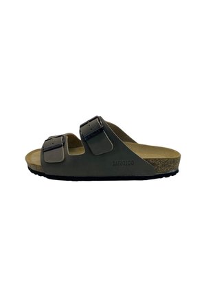 Sandalo marrone con due cinturini con fibbie regolabili, soletta in sughero e suola nera, mostrato in profilo su sfondo bianco.