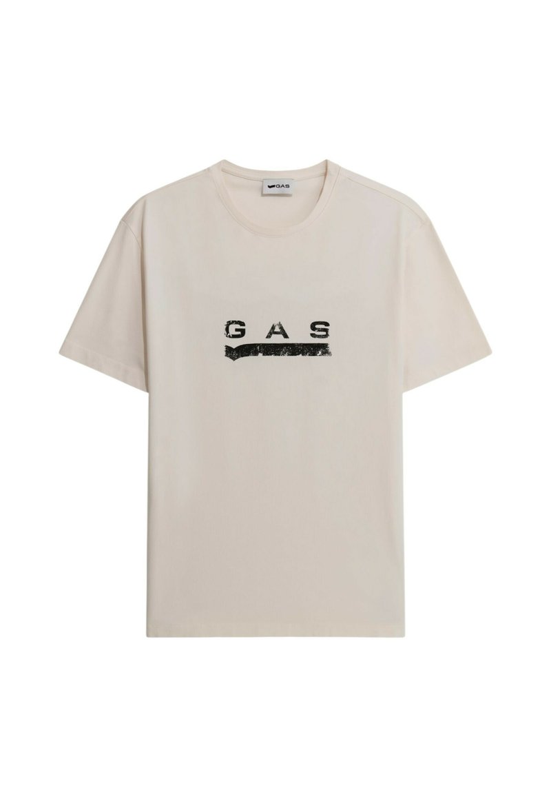 T-shirt in cotone beige con un logo "GAS" nero usurato sulla parte anteriore. Maniche corte e collo rotondo.