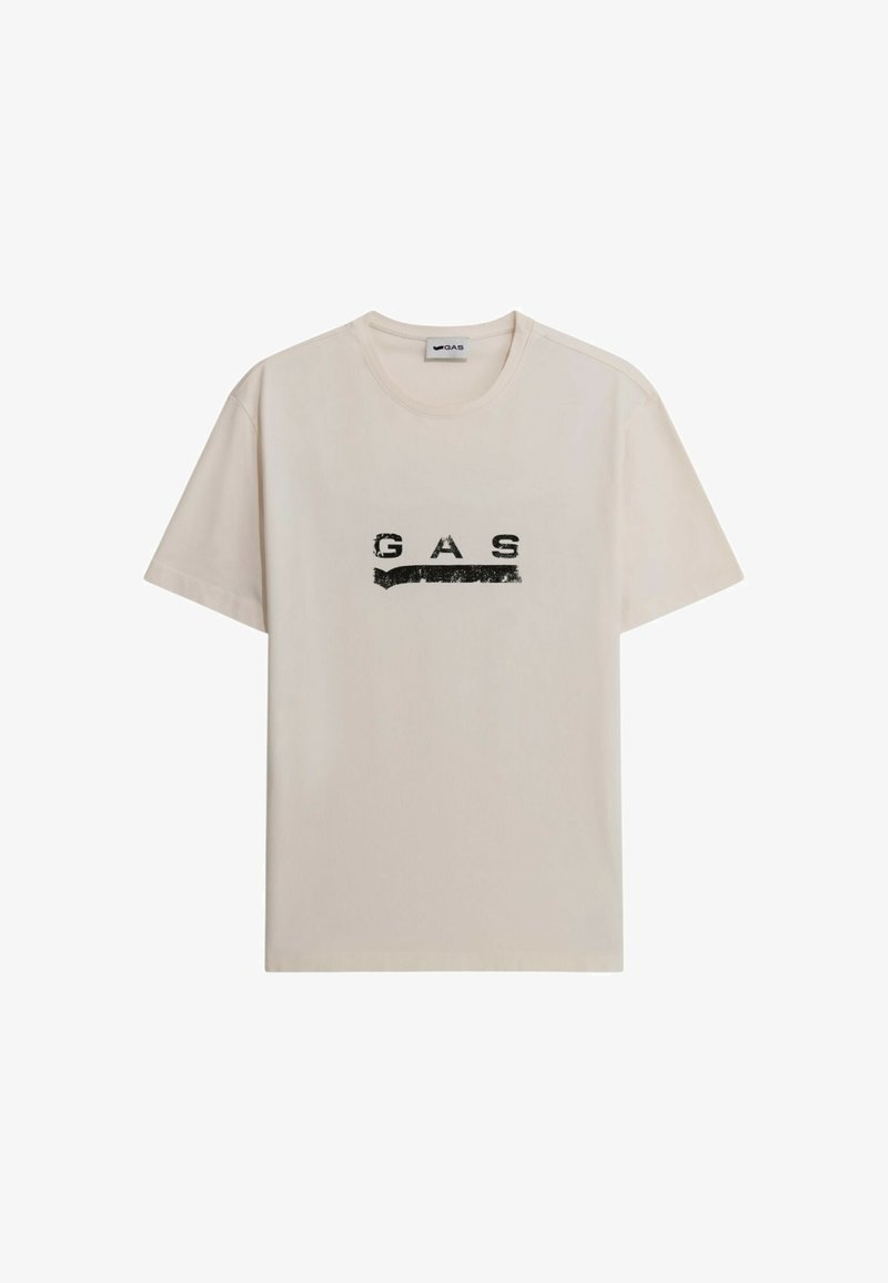 T-shirt in cotone beige con un logo "GAS" nero usurato sulla parte anteriore. Maniche corte e collo rotondo.