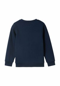 Granatowy sweter z długim rękawem, z prążkowanymi mankietami i okrągłym dekoltem. Gładka faktura, minimalistyczny design, brak widocznych logo i wzorów, widok z tyłu.