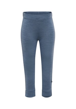 Blå, tætsiddende leggings til ankel med en glat tekstur og en blød, bred talje, vist mod en hvid baggrund.