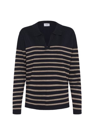 Polo à manches longues en bleu marine avec des rayures horizontales beiges. Doté d'un col et d'une coupe décontractée. Texture de tissu douce.