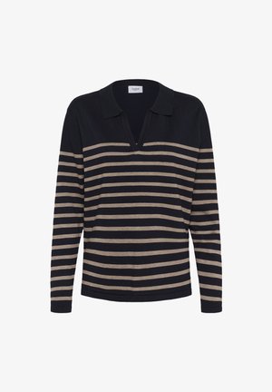 Camisa polo de manga larga en color marino con rayas horizontales en beige. Presenta un cuello con solapa y un corte holgado. Textura de tela suave.