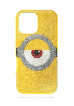 Funda de teléfono amarilla con un diseño brillante de un solo ojo rojo y blanco que se asemeja a un personaje Minion de una animación popular.