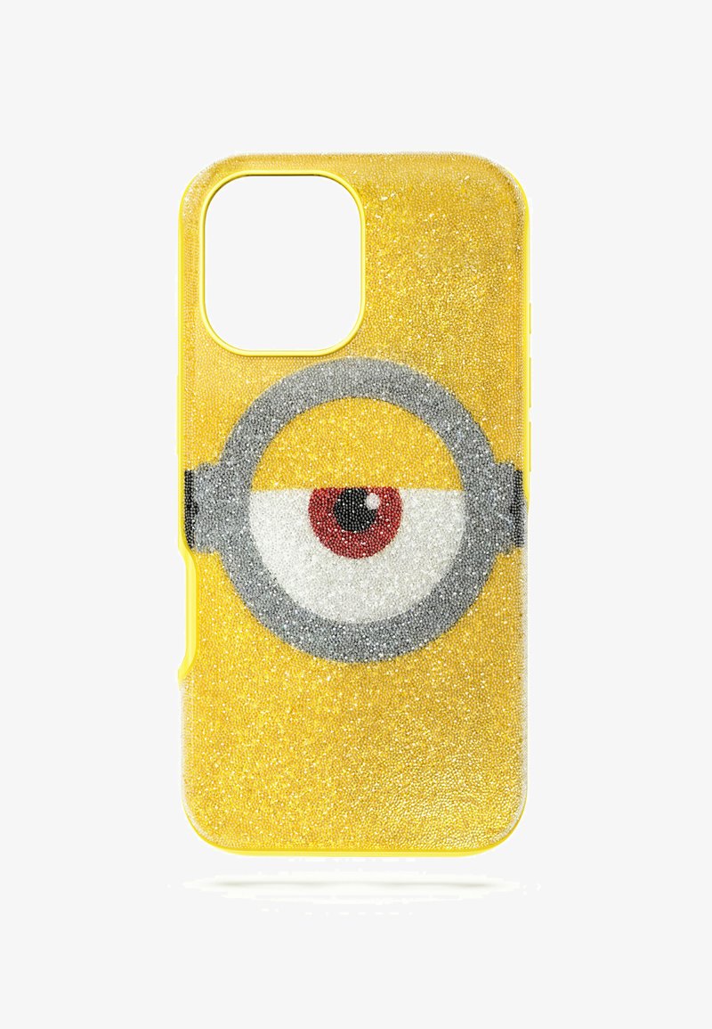 Coque de téléphone jaune avec un design étincelant d'un œil rouge et blanc unique, ressemblant à un personnage de Minion de l'animation populaire.