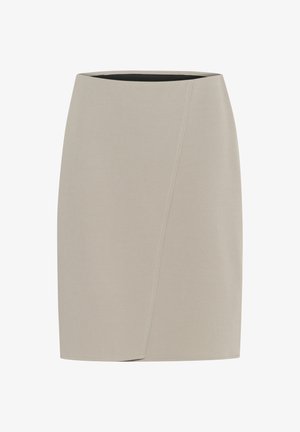 Beige fitted skirt with a smooth texture, featuring an asymmetrical wrap design and a black inner waistband.
