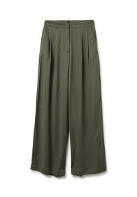 Pantalons large coupe olive avec plis à l'avant, poches latérales et une taille avec une fermeture frontale cachée.