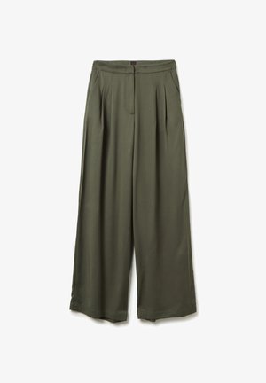 Olijfgroene wijde broek met plooien aan de voorkant, zijzakken en een tailleband met een verborgen sluiting aan de voorkant.